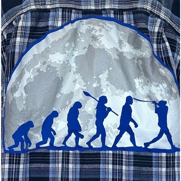 Evolution of a Baseball Player Plaid Flannel Shirt XXL Oversize Shacket Unique - Picture 2 of 6